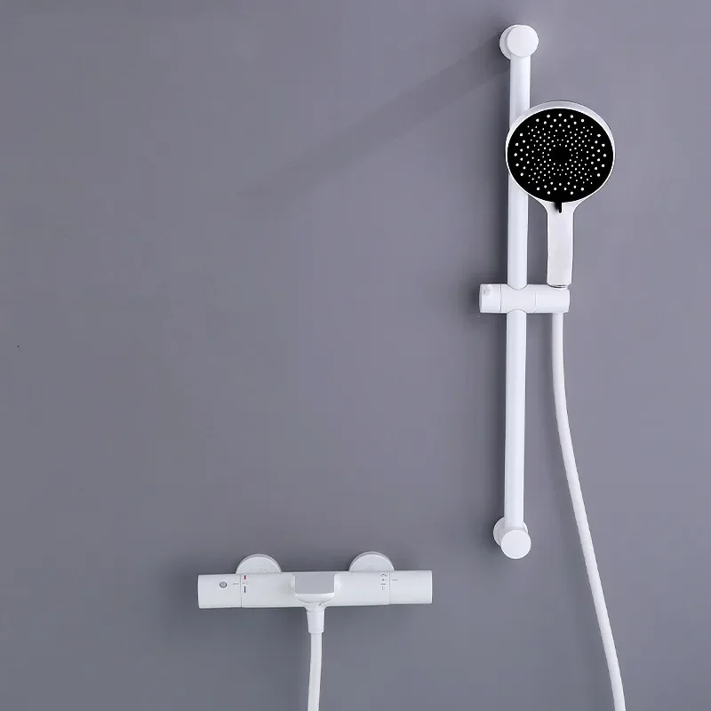 

Bathroom Shower Faucet Set Wall Mounted White Brass Shower Faucet Set Black Gray Finished Thermostatic Modern Styel New