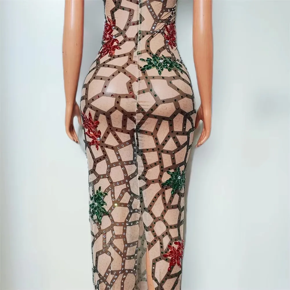 섹시한 민소매 롱 드레스 화려한 라인스톤 여성 투명 이브닝 가운 프롬, 생일, 캣워크, 무대 의상에 완벽