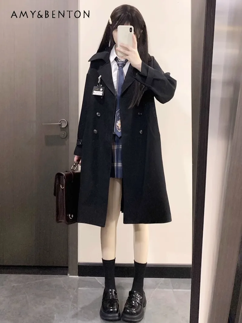 

2024 New Autumn and Winter College Style Senior Sense Jk Uniform Medium and Long Black Trench Coat For Women