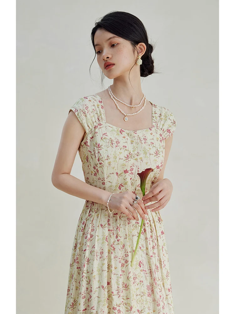 ZIQIAO Women French Square Neck Linen Dress Summer Temperament Long Floral A-LINE Skirts Tie Back Design Women Boho Dress