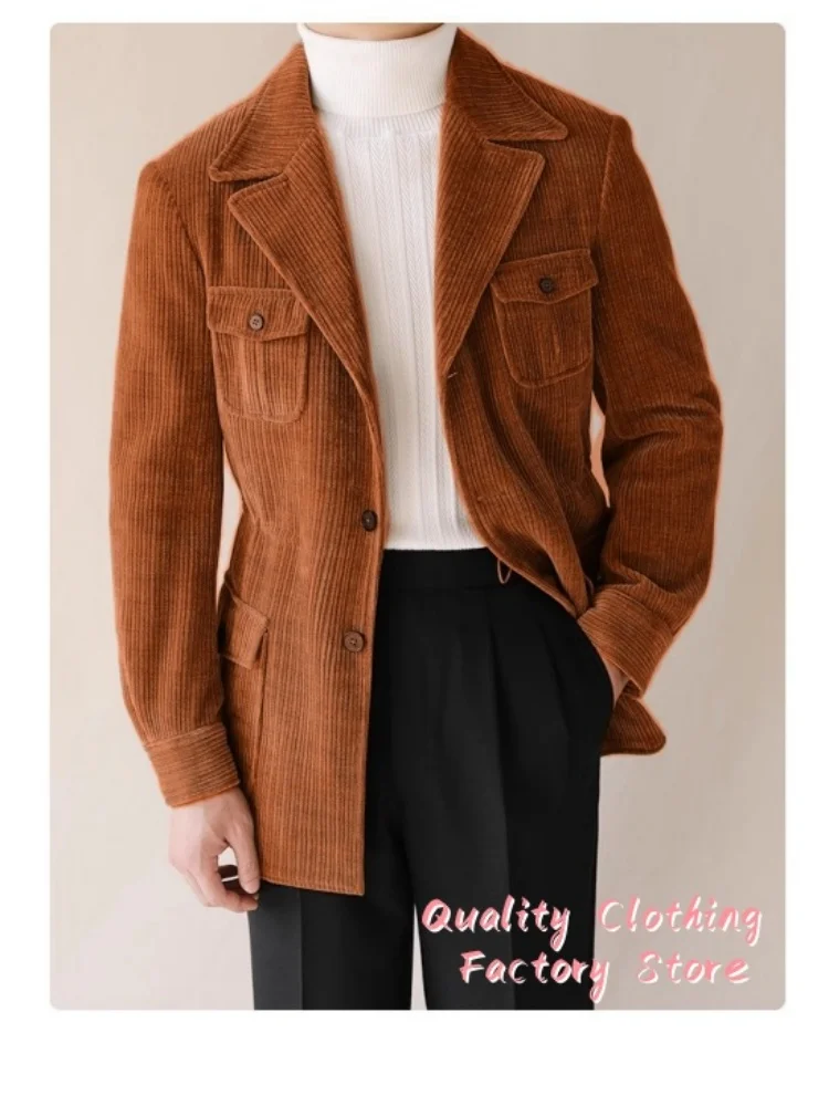 

New Men's Vintage Corduroy Suit Jacket Autumn Winter Comfortable Elegant Slim Blazer Button-up Large Pockets Collar Ribbed Coat