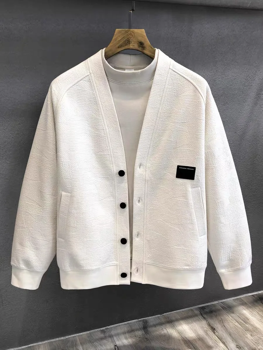 

2025 Spring Autumn American Retro Knitted Sweater Men's Loose Casual Faion Outerwear V-Ne Long Sve Pure Color PU Material