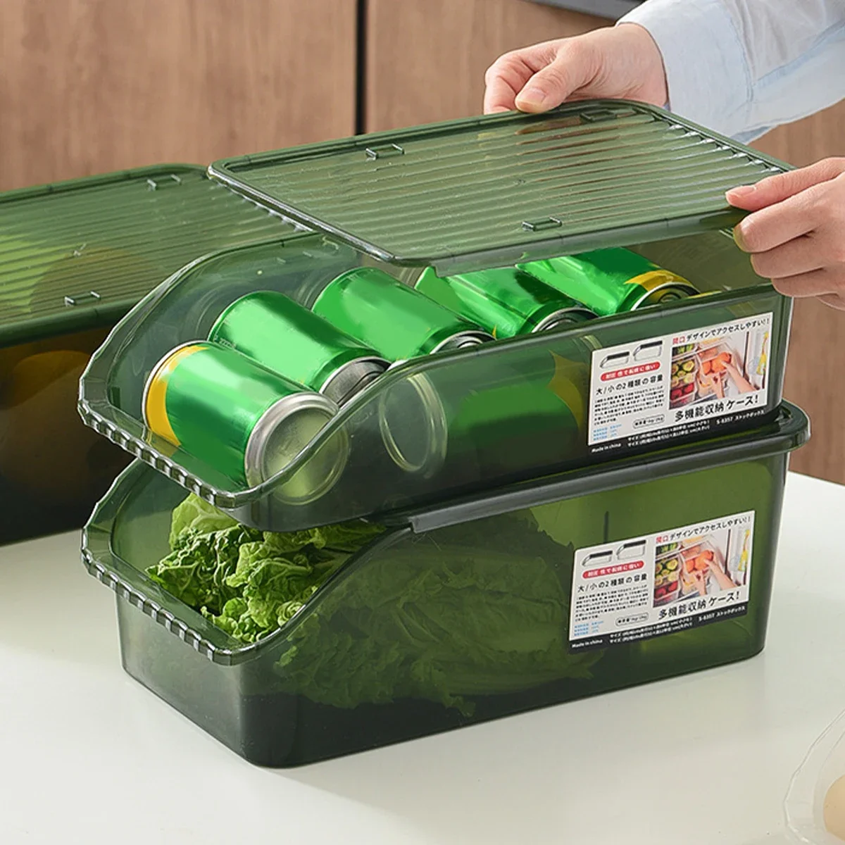 WORTHBUY Refrigerator Storage Box Stackable Storage Bins Kitchen Transparent Crisper Multifunctional Organizer Box With Lid