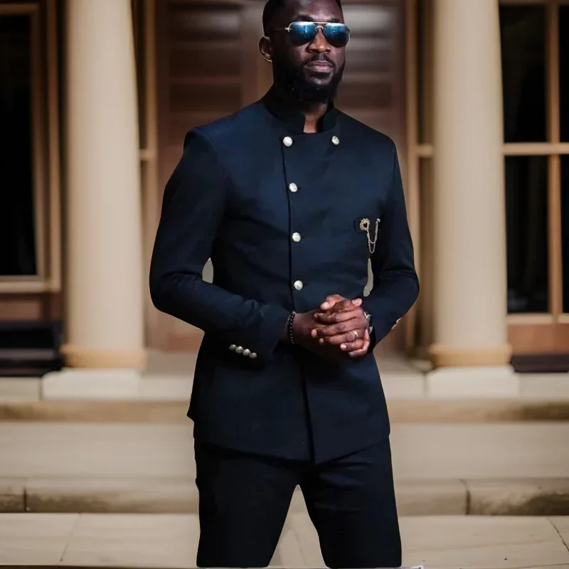 

African Fashion Suits For Men With Stand Collar Wedding Groom Tuxedos 2 Pcs Fashion Slim Fit Jacket With Pants Made