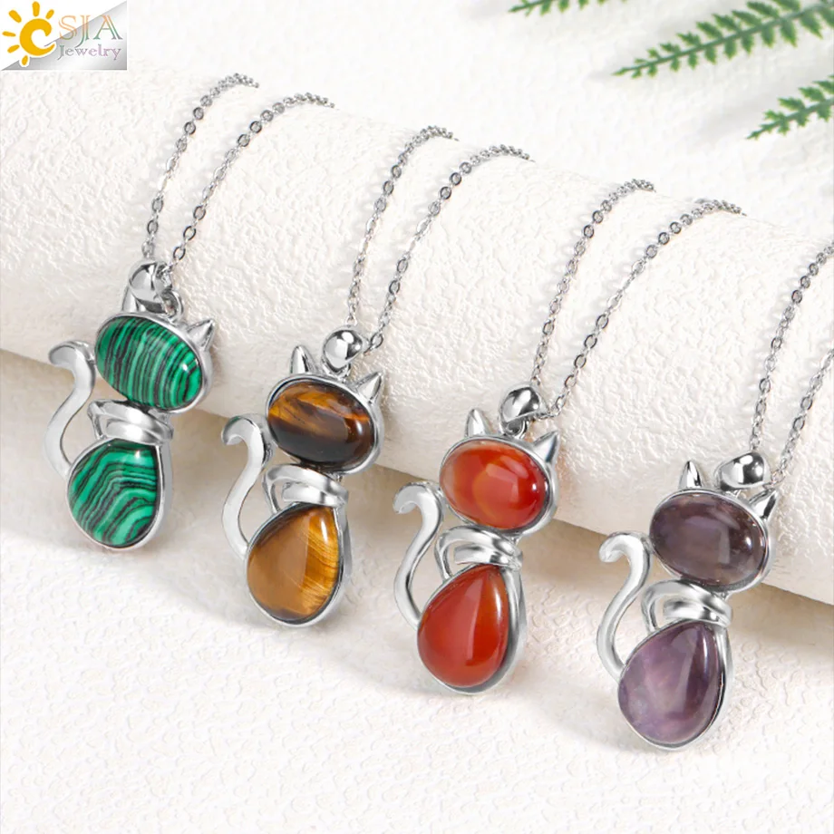 CSJA Reiki Natural Stone Naszyjniki Różowy Kwarc Wisiorki dla kobiet Dziewczyna Śliczny Kształt Kota Rock Czarny Onyks Koraliki Łańcuch Biżuteria F066