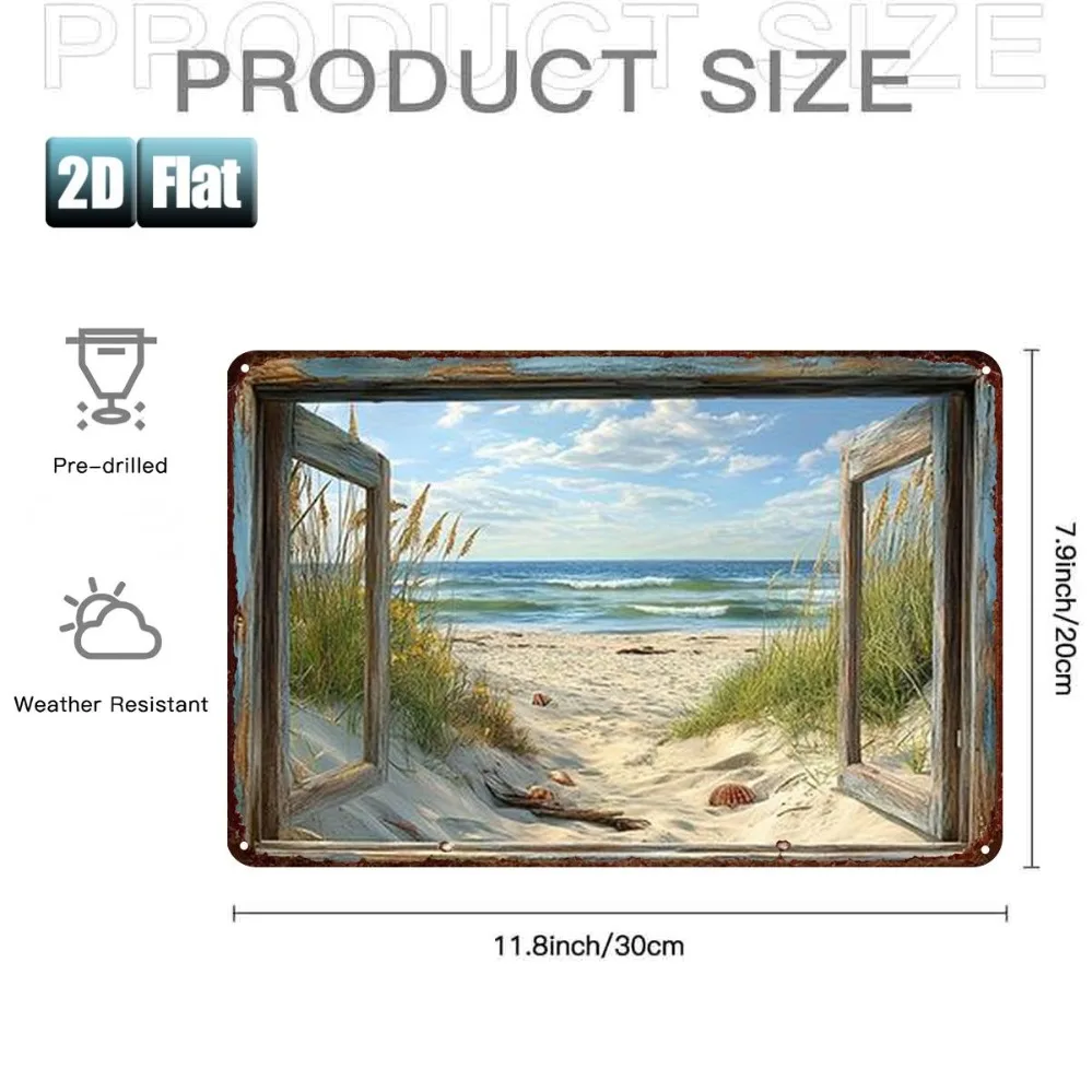 Metal Tin Wall Art 8x12 Inch Beach Scene Window View for Room Restaurant Decor