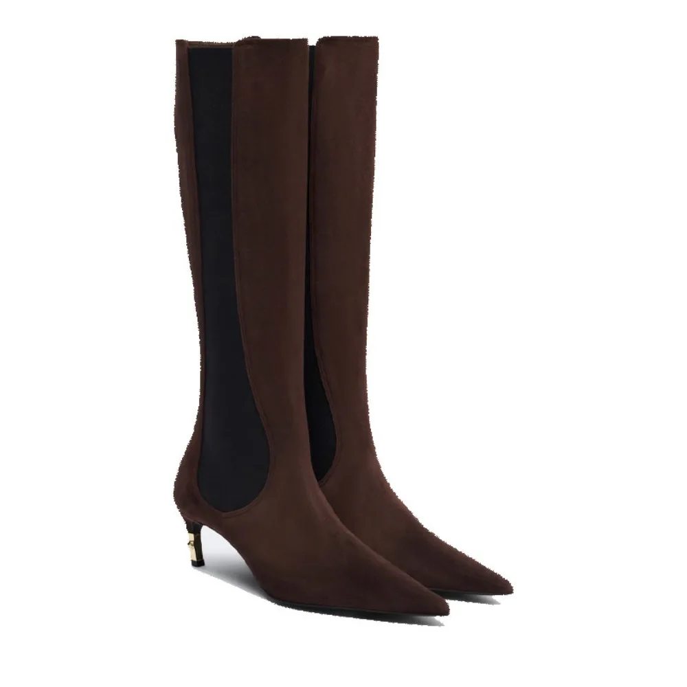 Women Suede Knee‑High Boots Pointed Toe Kitten Heel With Metal Trim Elastic Side Gussets Pull‑On Elegant Footwear For Fall Daily