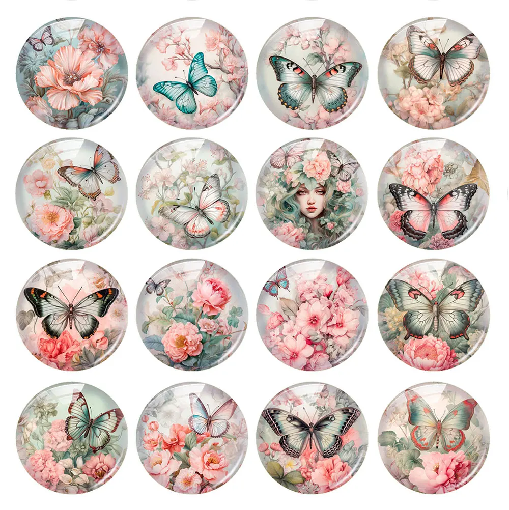 Random Mixed Round/Oval/Square Flower Butterflies Beauty Girl Photo Glass Cabochon Flatback Demo Cameo For Diy Jewelry Making