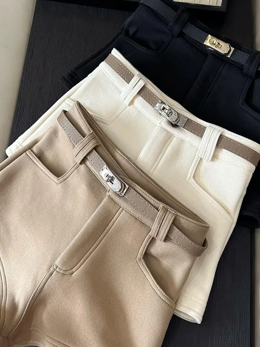 High Waist Fleece Lined Bootcut Pants Thickened Elastic Casual Autumn Winter Style Pockets Straight Leg Slimming Hip Enhancing