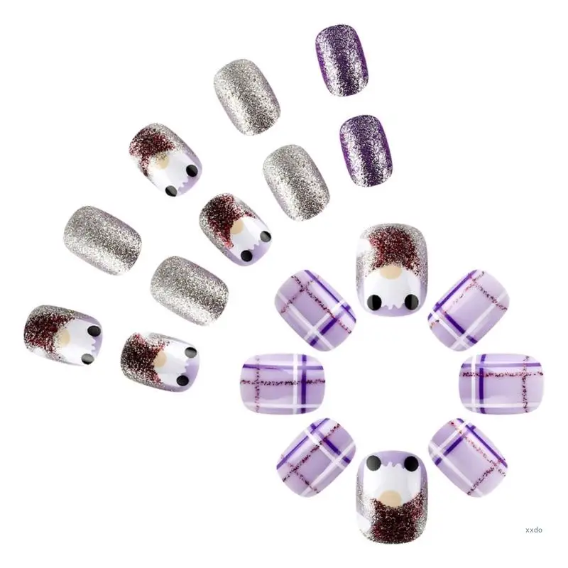 24 Pcs Short Square Full Cover False Nail Christmas Press On Nail Glittering Artificial Nail Snowman Stick on Nail