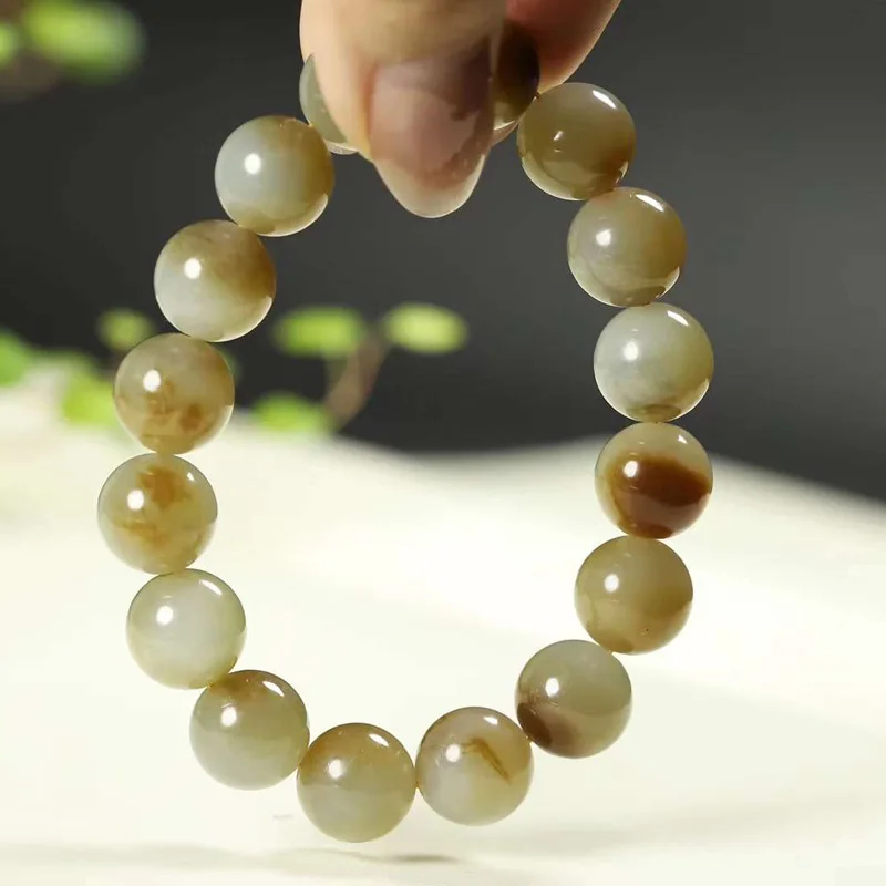 

Natural Xinjiang Hetian Qiemo Brown Beads round Jade Bracelet All-Match Men's and Women's