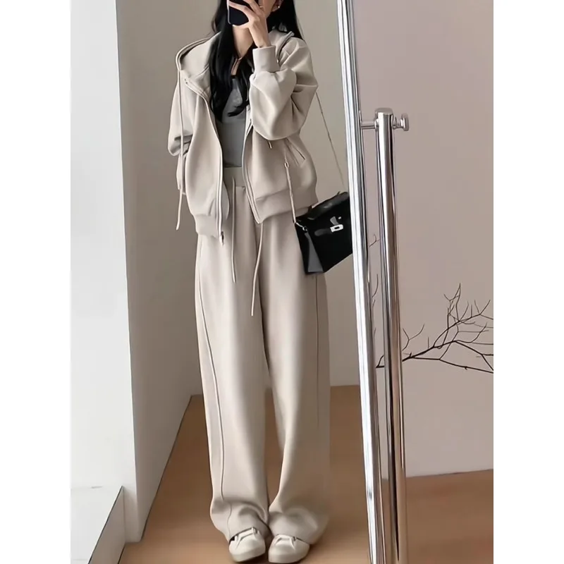 Women's Fashion Korean Version Sports Suit Spring Autumn New Loose Young Hooded Sweater Straight Trousers Casual 2 Two piece Set