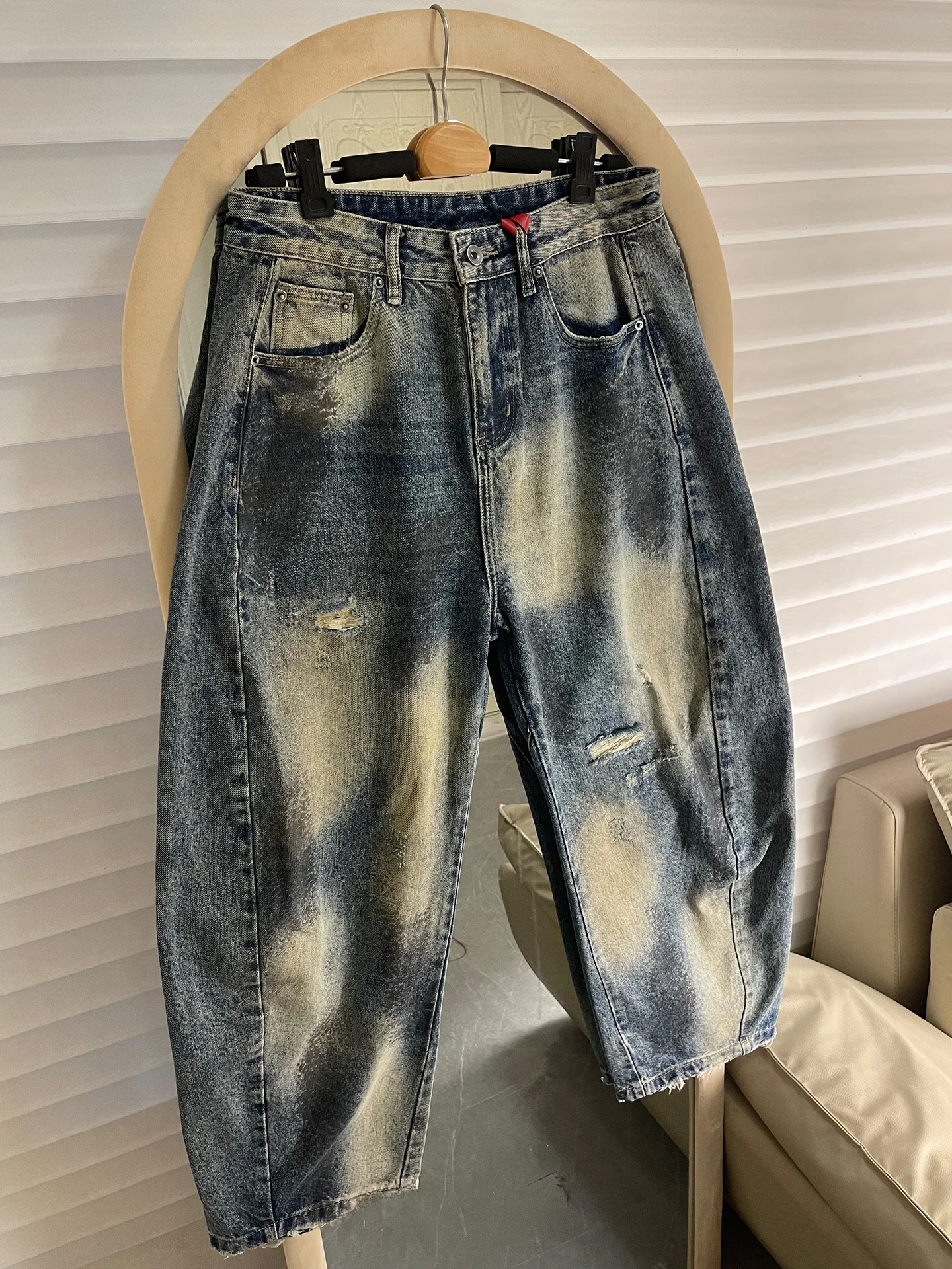 

Parisian Washed Distressed Knife Jeans Men's Loose Straight Leg Stylish Versatile Long Trousers American Style Casual Co...