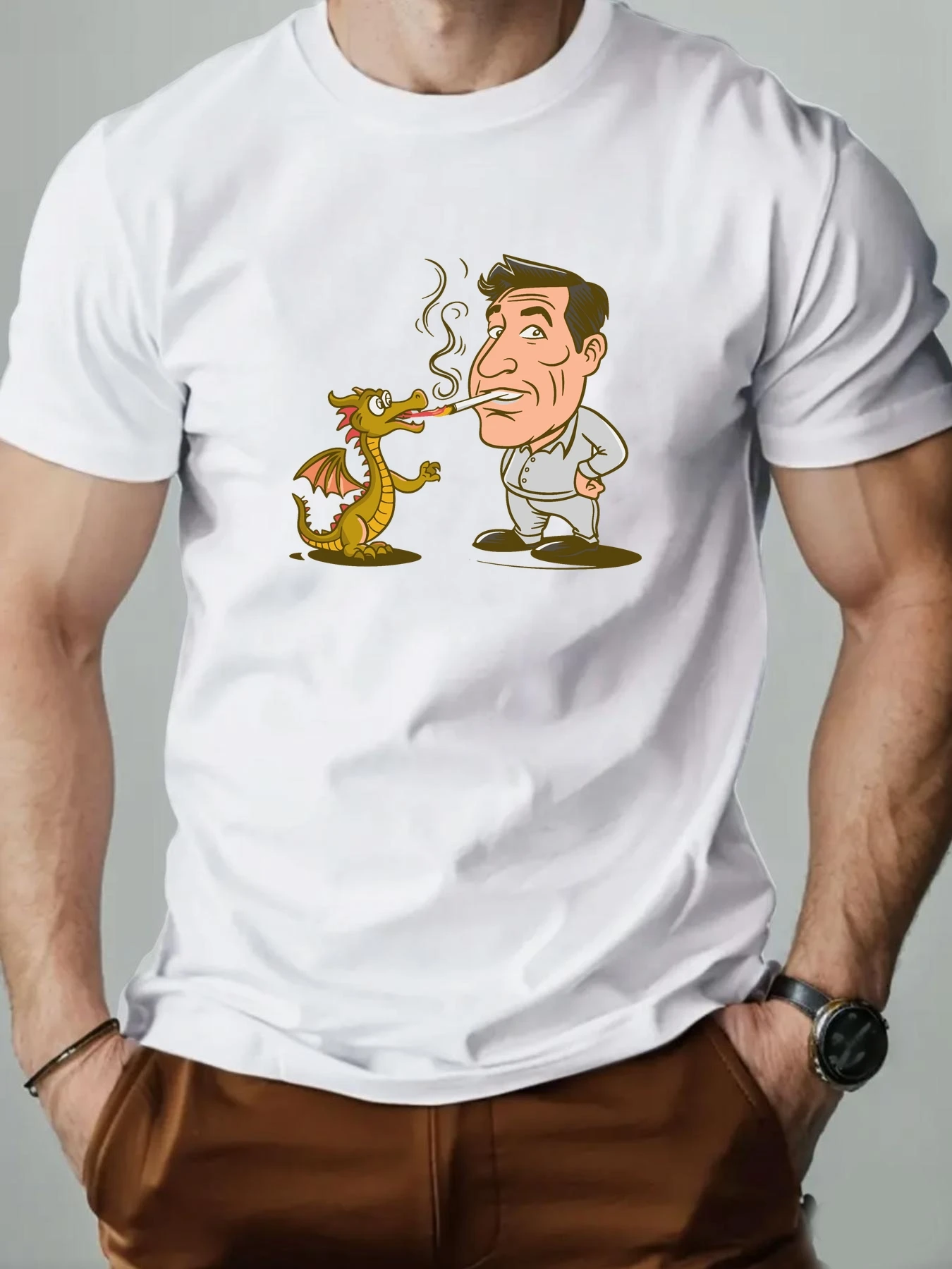 

Men's T-Shirt Man and dinosaur Cartoon Pattern Summer Breathable 100%Cotton Men's Round Neck T shirt High Quality Clothing