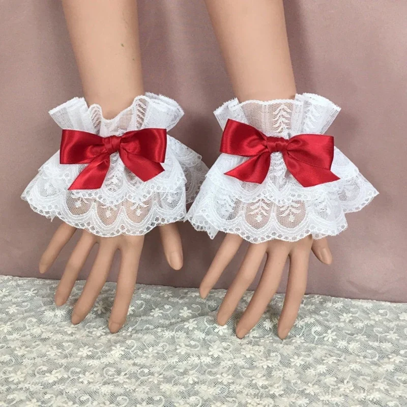Pulsera de Cosplay de sirvienta con lazo de encaje con volantes y manga de mano de Lolita para mujer