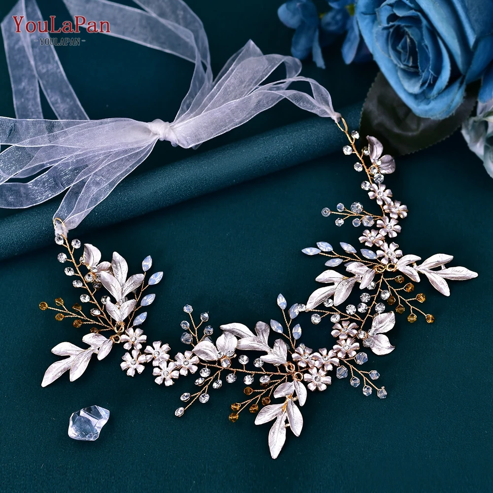 YouLaPan Wedding Headpiece for Bride Leaf Crystal Bridal Headband Wedding Hair Accessories Girl Headwear with Organza HP278