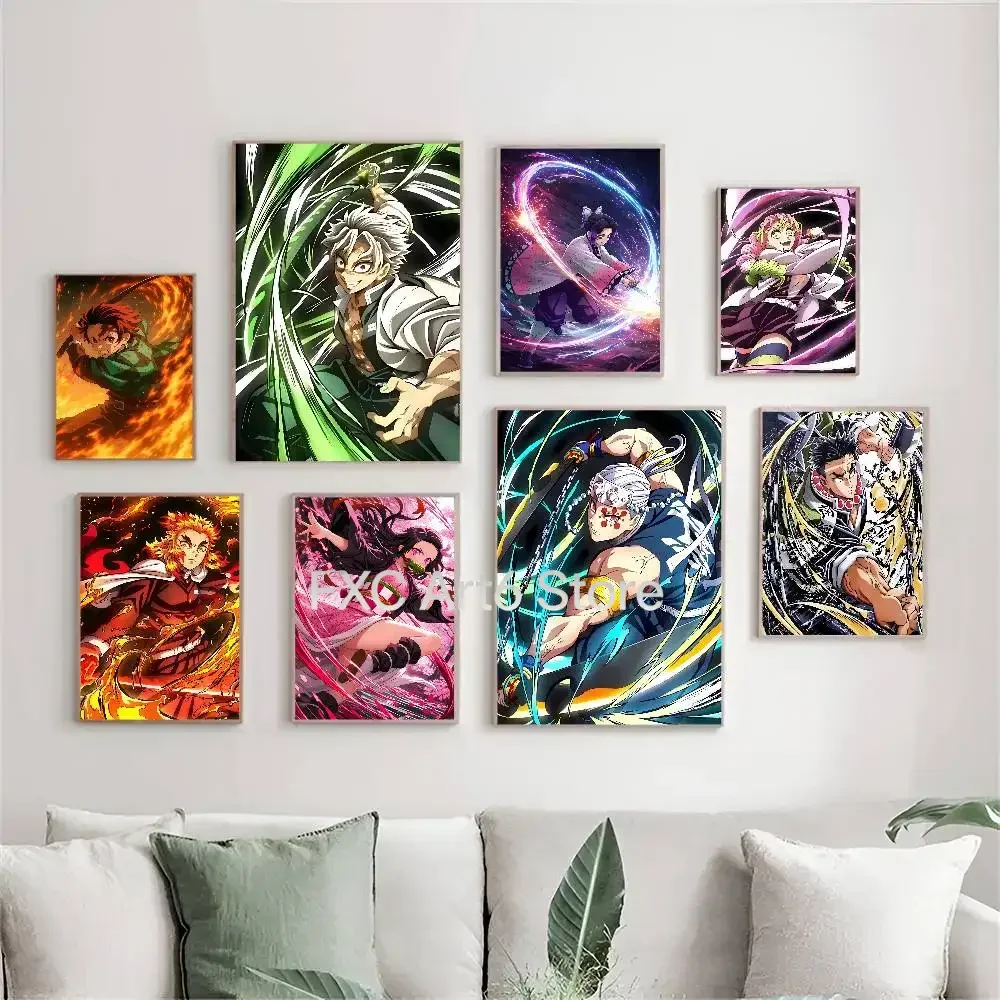 1PCS  frameless Japanese Anime Demon Slayer Self-adhesive Art Poster Retro Kraft Paper Sticker DIY Room Bar Cafe Stickers Wall P