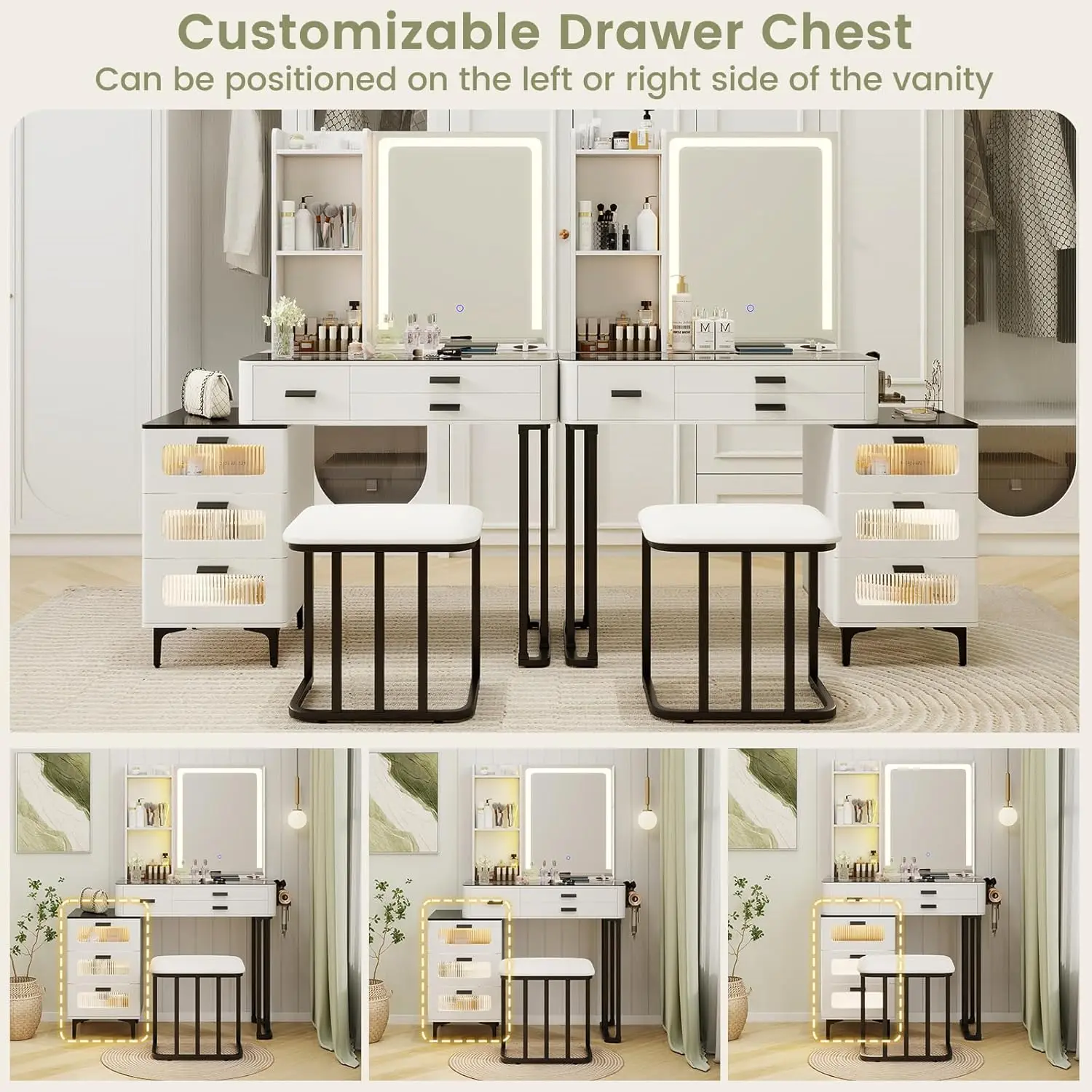 Modern Vanity Desk with Mirror & Lights, Makeup Vanity and Stool Set with 3-Color LED Lights & Charging Station, Dressing Table image 5