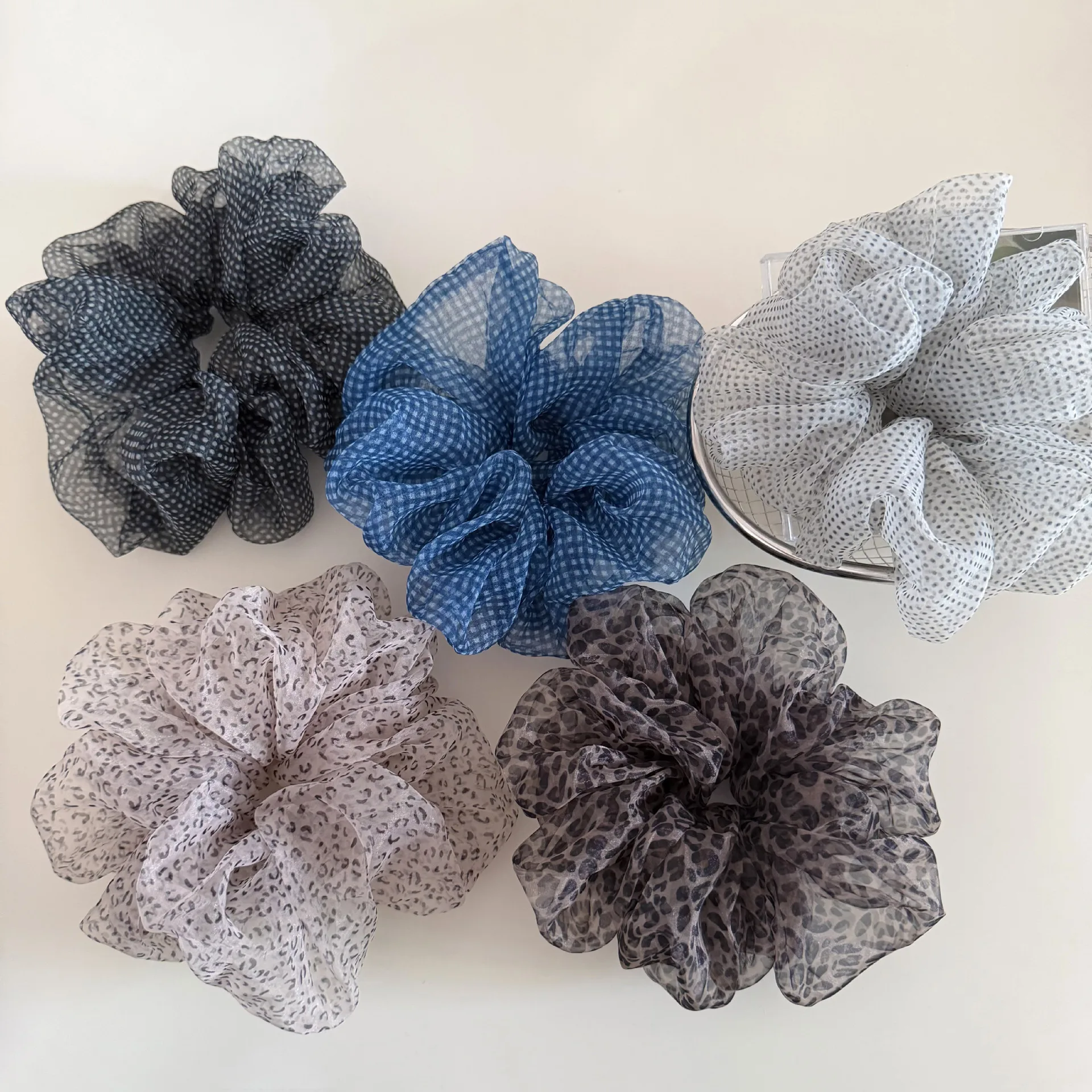 

Vintage Hair Scrunchies Polka Dot Ponytail Holders Leopard Print Organza High Elastic Hair Ties Hair Accessories For Women