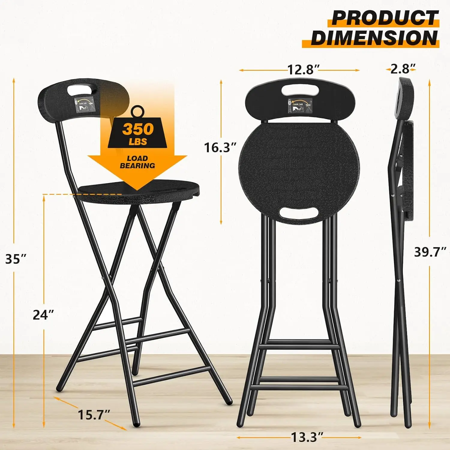 Folding Stool, 2 Pack 24 inch Folding Bar Stool with Backrest and Handle,Collapsible Round Counter Height Stool Chair