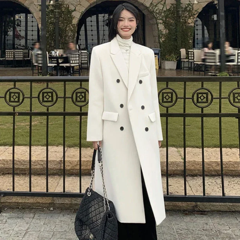 2025 New Women Overwear Elegant White Long Below Knee Woolen Coat Winter Female High Sense Fashion Double-breasted Thick Outwear