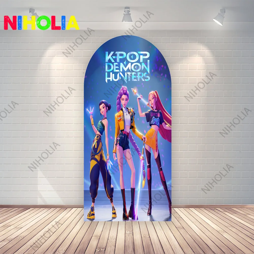 Kpop Demon Hunter Arch ฉากหลังครอบคลุมกลุ่มสาวธีมดนตรีวันเกิดพื้นหลังสองด้านบูธอุปกรณ์ประกอบฉาก