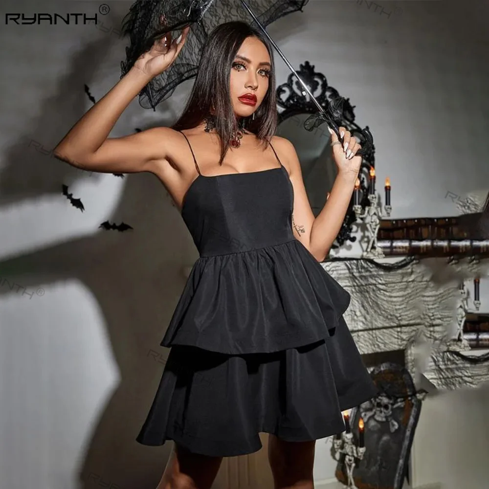 

Ryanth Black Sexy Spaghetti-Strap Tiered Satin Prom Dress for Women 2023 Square Collar Mini Prom Party Gown robes de soirée