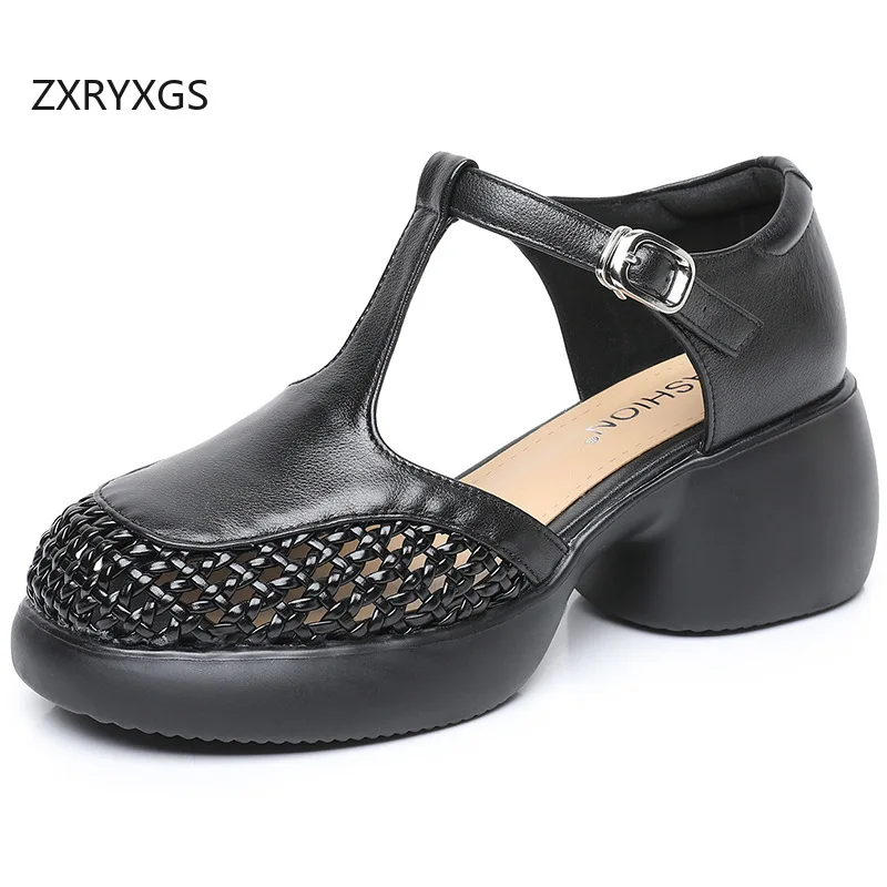 ZXRYXGS Top Cowhide + Knitted Hollow Sandals Women's Thick High Heel Sandals 2026 New Summer Round Toe Elegant Fashion Sandals