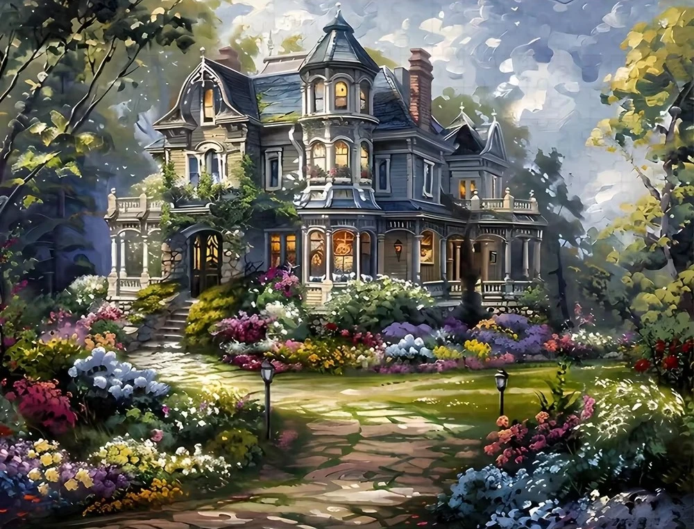

DIY Victorian Mansion Garden Jigsaw Puzzle, Vintage Manor Colorful Flower Bush Stone Path Green Lawn Country Wall Decor