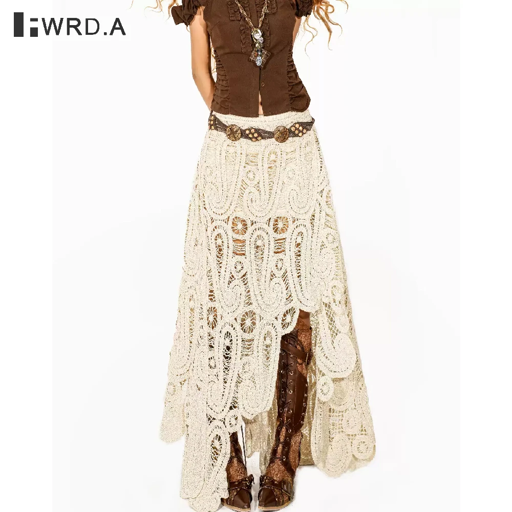 

FWRD Bohemian Vacation Knitted Skirt Women, Vintage Irregular Lace Crochet Hollow Out A Line Long Skirt#FWRD6002