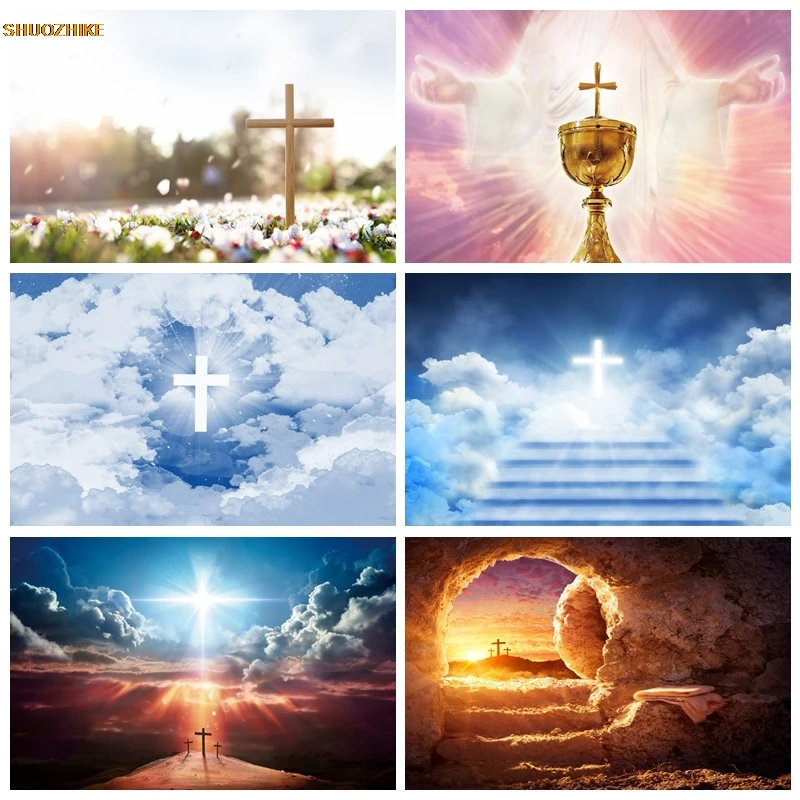 

Christian Cross Backdrop Holy Lights Heaven Sky Clouds Crucifix Resurrection of Jesus Easter Religious Decor Background Photo