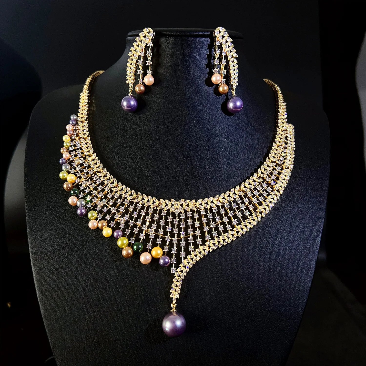 Stereo multicolor pearl sliver color sparkle necklace earrings women dress decorative jewelry wedding ball holiday gift M-824