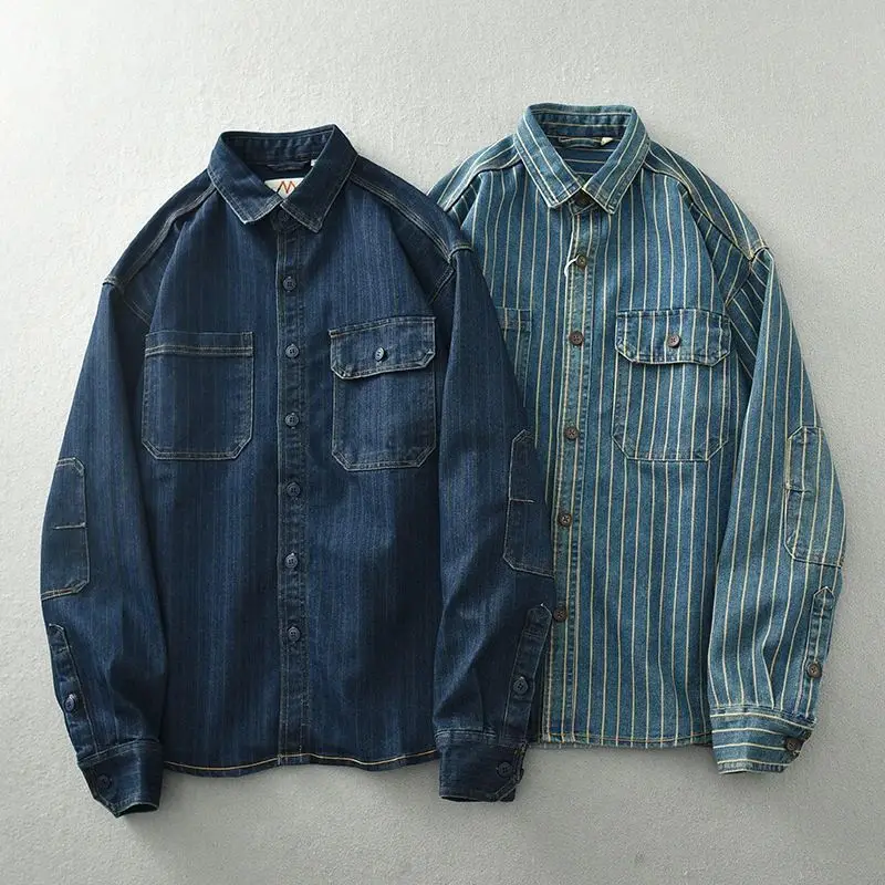 

Vintage Waed Vertical Stripe Denim irt Men's Loose Large Fit Fce Lined Thiened Collar Nine-Quarter Sve