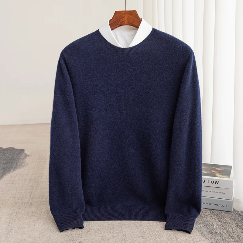 Autumn and winter new 100% pure wool men's round neck business casual pullover sweater cashmere bottoming shirt.