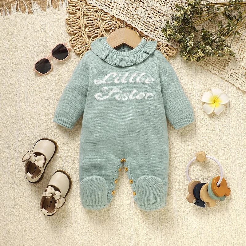 

Infant Baby Romper Knitted Autumn Newborn Kid Clothes 0-9M Fashion Letters Overalls Warm Girl Boy Jumpsuit Long Sleeve Foot Wrap