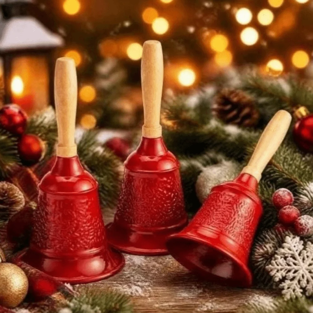 Creative Tabletop Metal Hand Bell Extra Loud Antique Finish Desk Christmas Bell Sturdy Wood Handle Hand Cranked Bell
