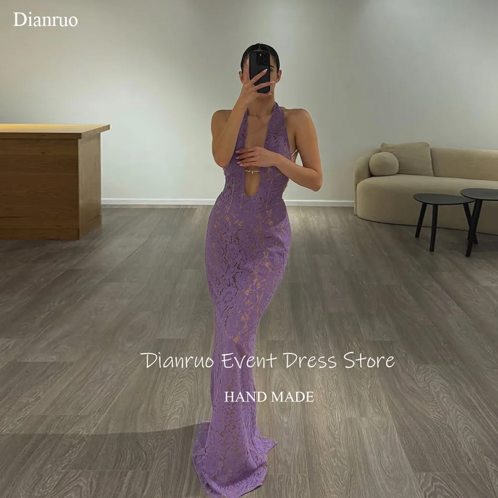 Dianruo ホルタープランジネックラインイブニングドレスボディハグフィットアップリケ Vestidos デ フィエスタレースマーメイドウエディングドレスカスタマイズ