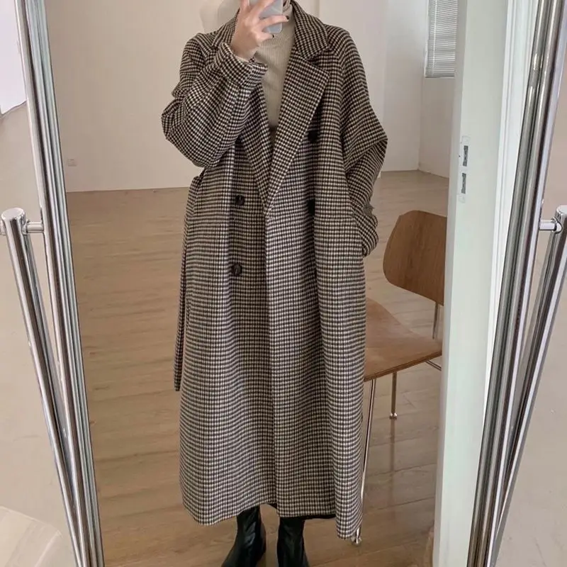 

Women's Plaid Woolen Coat Autumn Woolen Coat Winter New Korean Style Jacket Women Overcoat Grey Brown Coat Women Mature Office