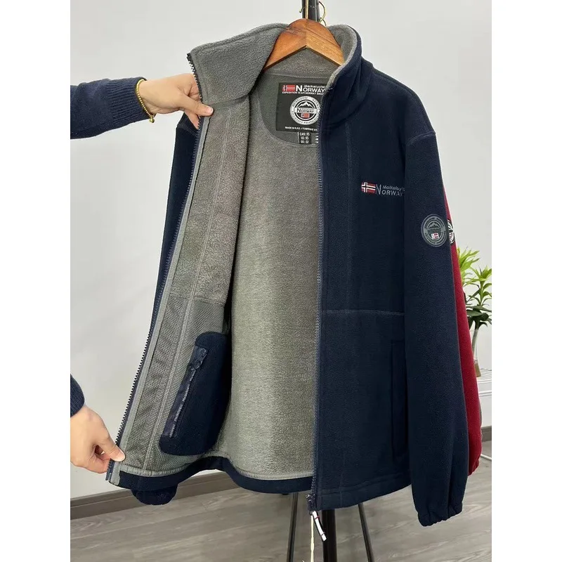 

2025 Fleece Men's Coat Thickened Warm Windproof Loose Outdoor Collar Fleece Hooded Jacket Norwegian Printed Good Soldier