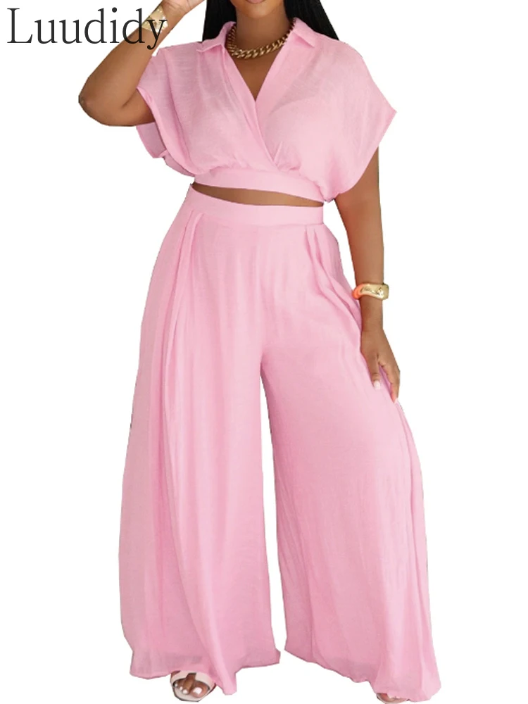 

2 Pieces Outfit Turn-down Collar Batwing Sleeve Crop Top and Casual High Waist Wide Leg Pants Set