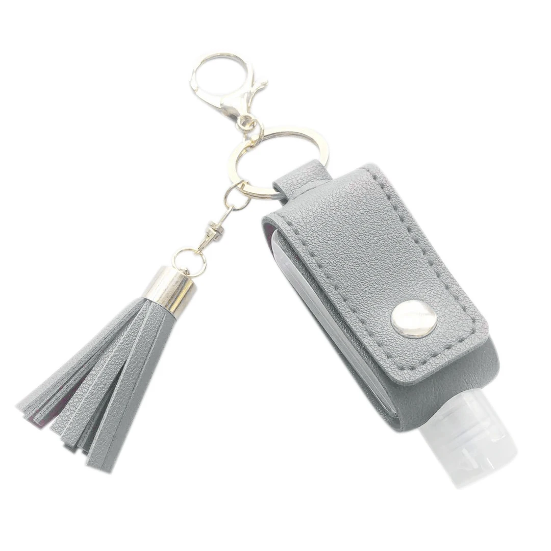 30Ml Empty Refillable Plastic Travel Bottle with Tassels PU Leather Keychain Holder Gray