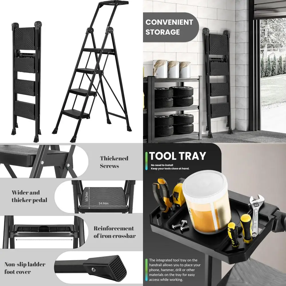 Escada dobrável com corrimão e bandeja de ferramentas, pedal largo antiderrapante, capacidade de 660 libras, construção de aço resistente para uso doméstico
