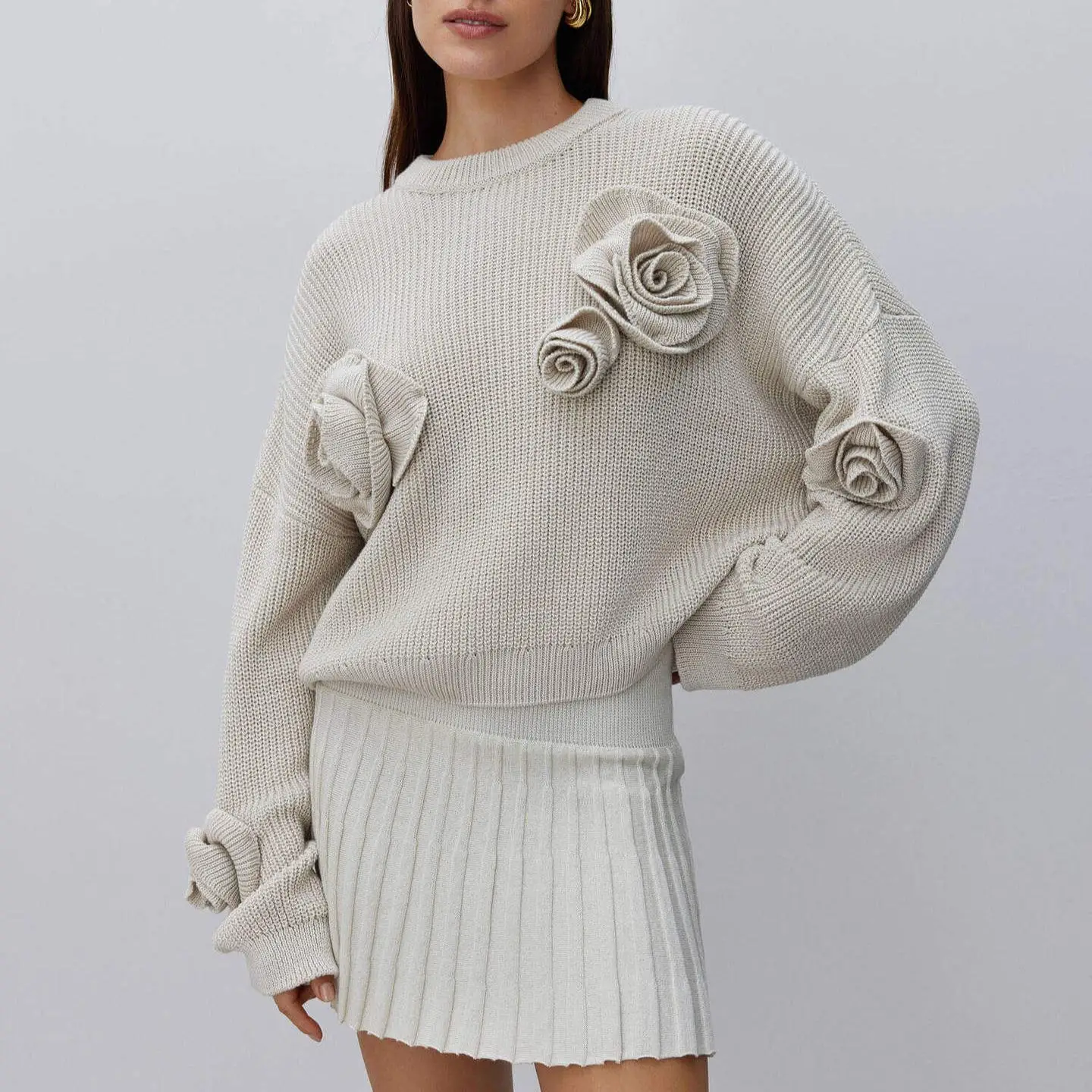 

Осень-зима, вязаный длинный свитер с цветочным принтом розы, женский свободный крой, модный художественный свитер средней толщины...