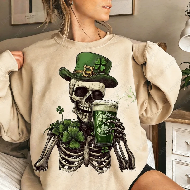Esqueleto de San Patricio muerto en el interior pero esqueleto de la suerte divertido suéter Unisex Festival irlandés cráneo impreso Casual adulto jersey de invierno
