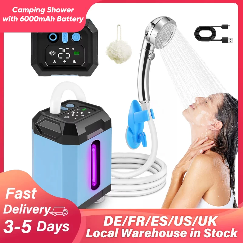 

Портативный уличный душ с аккумулятором емкостью 6000 мАч, дисплей температуры, кемпинговый душ IPX7, водонепроницаемый для лагеря, мойки автомобилей, ванны для домашних животных