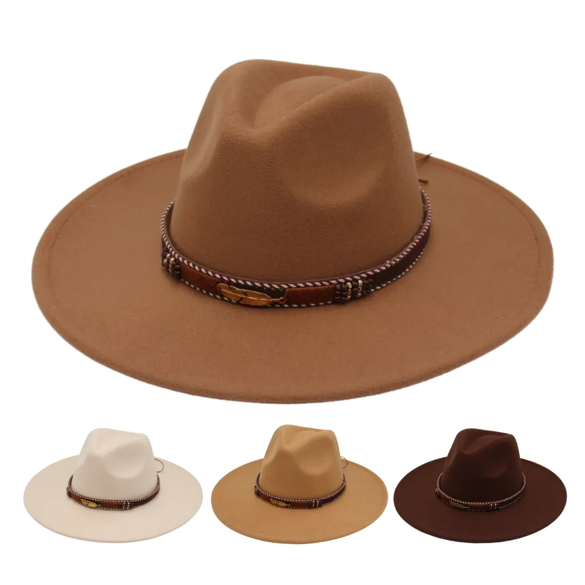 Chapeau Fedora unisexe à grand bord avec plumes en métal, chapeaux en feutre pour femmes, chapeaux de jazz rétro pour hommes, chapeau Trilby blanc