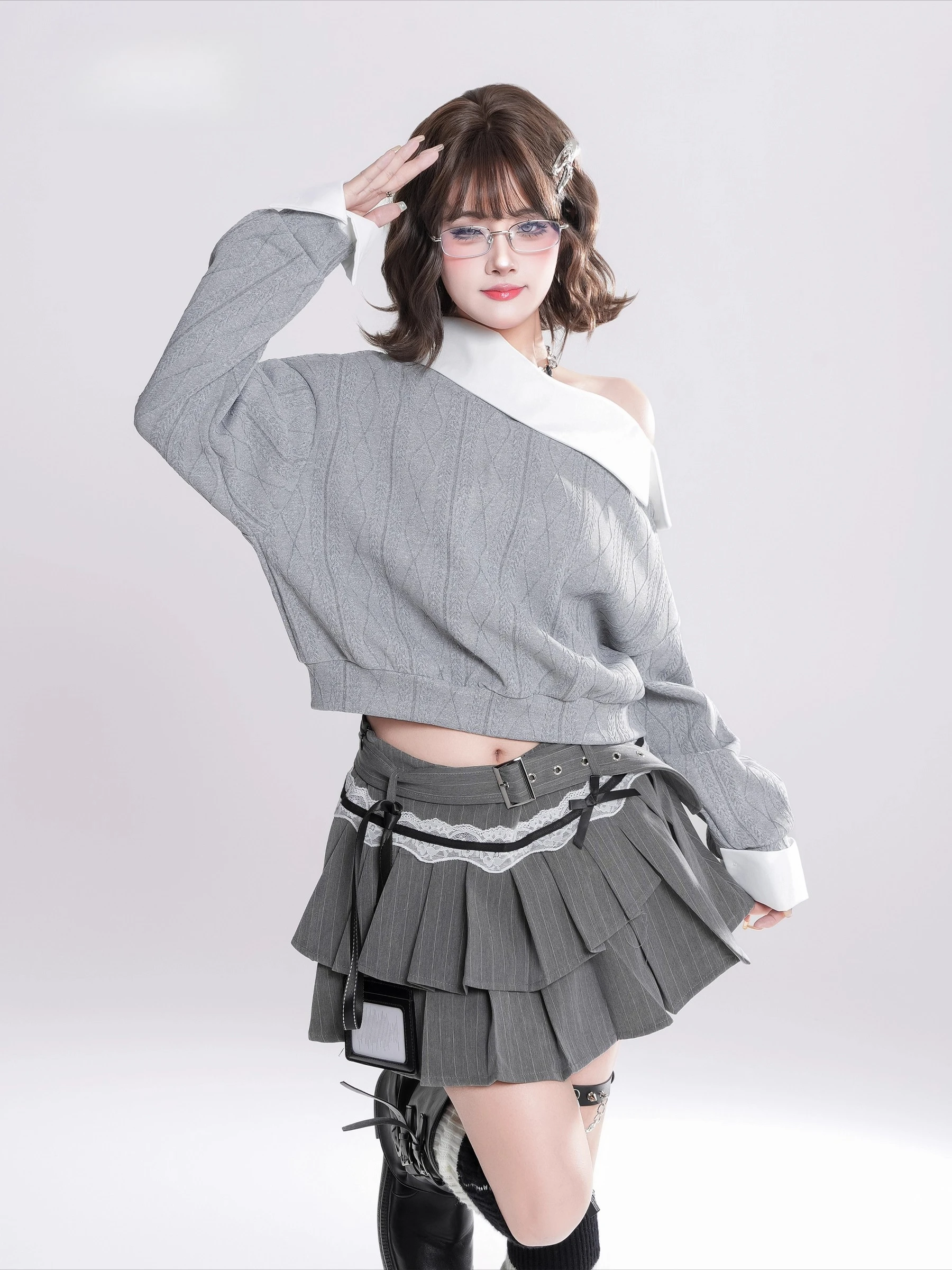 2025 Spring and Autumn New Korean Style Fake Two-Piece Patchwork Asymmetrical Long Sleeve Hoodie Loose Short Gray Casual Top