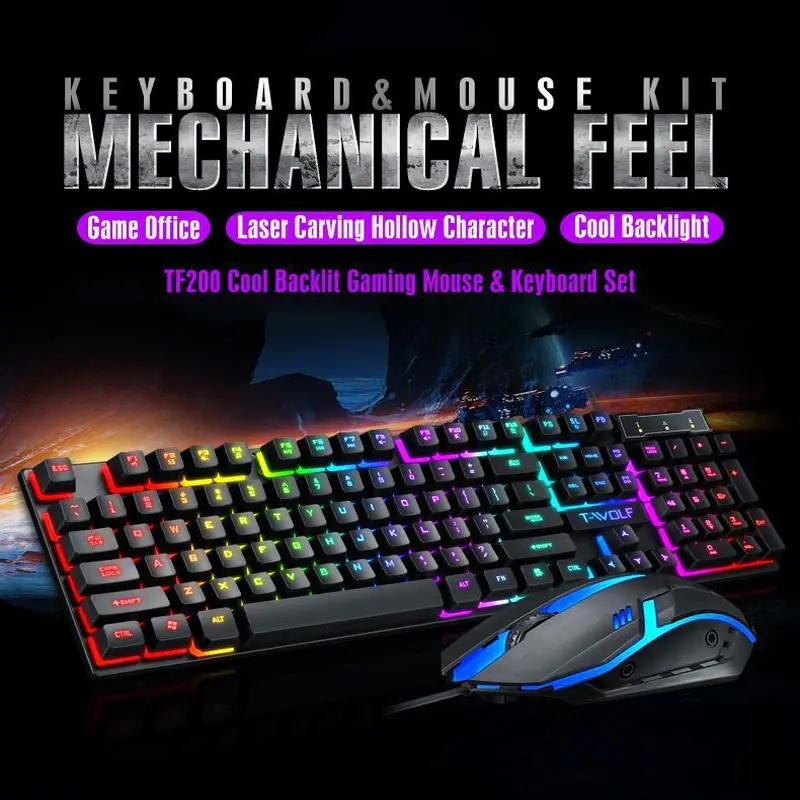 

TF200 Wired Game Keyboard and Mouse Set USB Character Glow Mechanical Feel Game Player Keyboard Ergonomic Mouse