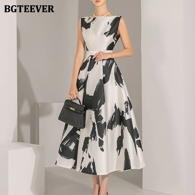 

BGTEEVER стильное платье трапециевидной формы без рукавов с принтом для женщин, элегантное женское платье средней длины с тонкой талией и круглым вырезом, летние платья
