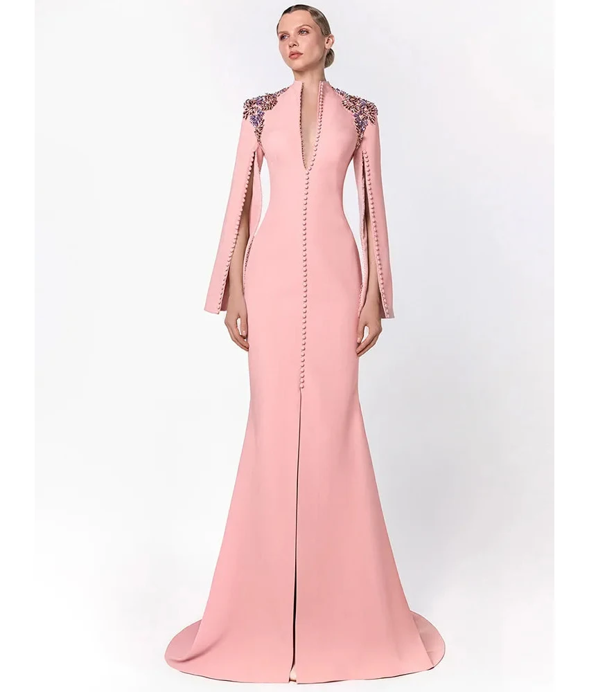 

MCDV Customized Luxury Crystal Beading Buttons Jersey Mermaid Evening Dress Delicate V-Neck Long Sleeves Bespoke Occasion Gowns